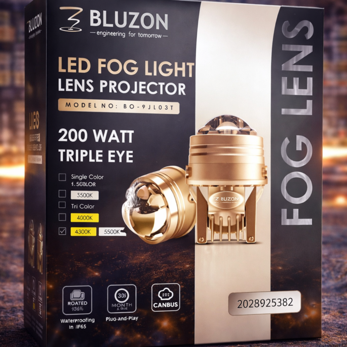 BLUZON LED Fog Light Lens Projector 200W Triple Eye | Tri-Color (3000K/4300K/5500K) | High Power Car Fog Lamp | CANBUS | Plug & Play
